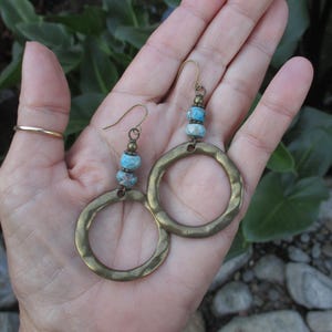 Antique Bronze Hoop Earrings - Hoop Earrings - Bronze Hoop and European Blue Terra Jasper Earrings - Boho Earrings - Bohemian Earrings