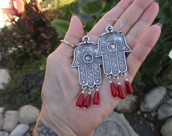 Large Hamsa Hand Earrings - Hand of Fatima Earrings - Hand of God Earrings - Large Boho Earrings - Boho Earrings - Long Hamsa Hand Earrings