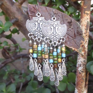 Long Chandelier Earrings - Tube Trade Bead Chandelier Earrings - Bird Boho Chandeliers - Hippie Chandeliers - Bohemian Chandelier Earrings