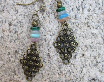 Boho Hippie Flower Patterned Brass Tone Charm Earrings - Hippie Gemstone Earrings - Charms with Mixed Gemstone Earrings - Hippie Earrings