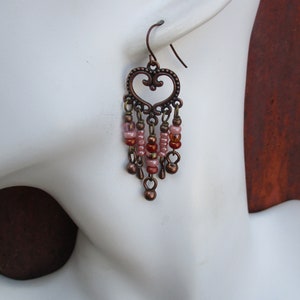 Copper Chandelier Earrings, European Glass Seed Bead Chandelier Earrings, Boho Chandeliers, Hippie Chandeliers, Heart Chandelier Earrings