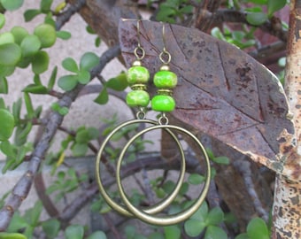 Antique Brass Hoop Earrings - Hoop Earrings - Brass Hoop and Bright Green Imperial Jasper Earrings - Boho Earrings - Bohemian Earrings