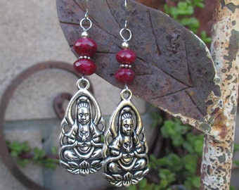 Quan Yin and Ruby Quartz Earrings - Kuan Yin Earrings - Quan Yin and Lotus Earrings - Goddess Earrings - Hippie Earrings