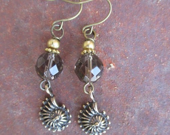 Bronze Shiva Shell Charm on Faceted Smoky Quartz Gemstones - Shiva Shell Charm Earrings - Beach Earrings - Hippie Earrings - Boho Earrings