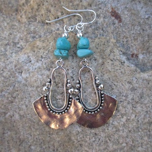 Silver Crescent Pendant Turquoise Earrings - Tribal Earrings - Ethnic Earrings - Long Tribal Earrings - Boho Earrings - Turquoise Earrings