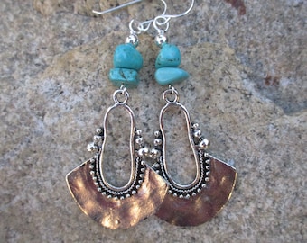 Silver Crescent Pendant Turquoise Earrings - Tribal Earrings - Ethnic Earrings - Long Tribal Earrings - Boho Earrings - Turquoise Earrings