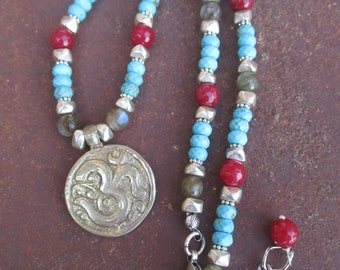 Silver Om Pendant on Necklace of Turquoise Rondelles, Labradorite and Ruby Quartz - Choker Length Necklace - Hippie Necklace - Boho Necklace