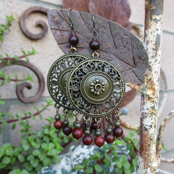 Large Boho Chandelier Earrings - Wood Chandelier Earrings - Gypsy Earrings - Antique Gold Finish Chandeliers with Wood Bead Dangles