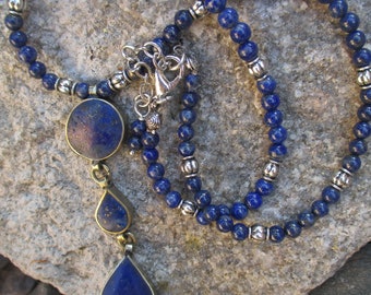 Afghan Drop Lapis Lazuli Pendant on Lapis Lazuli Necklace - Boho Necklace - Choker Length Necklace - Hippie Necklace - Bohemian Necklace