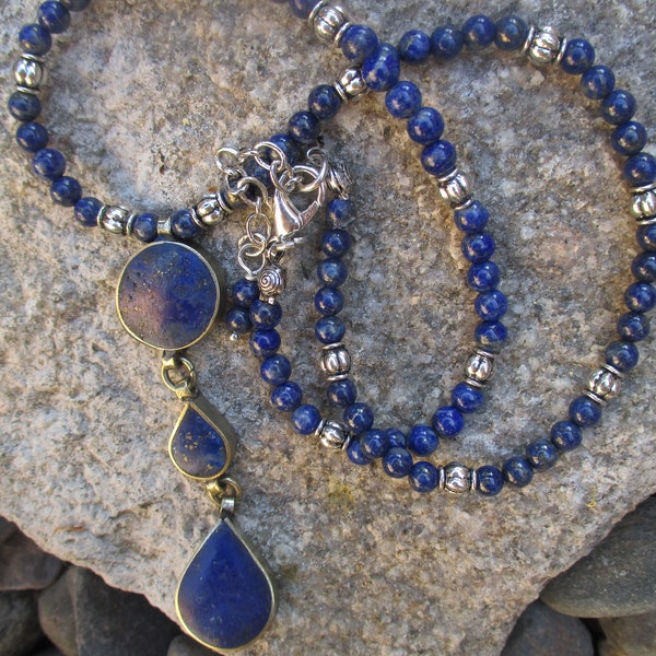 Afghan Drop Lapis Lazuli Pendant on Lapis Lazuli Necklace - Boho Necklace - Choker Length Necklace - Hippie Necklace - Bohemian Necklace