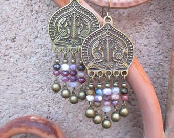 Antique Brass Moroccan Style Bird Chandelier Earrings - Boho Hippie Chandelier Earrings with Beautiful Tourmaline and Ball Drop Dangles
