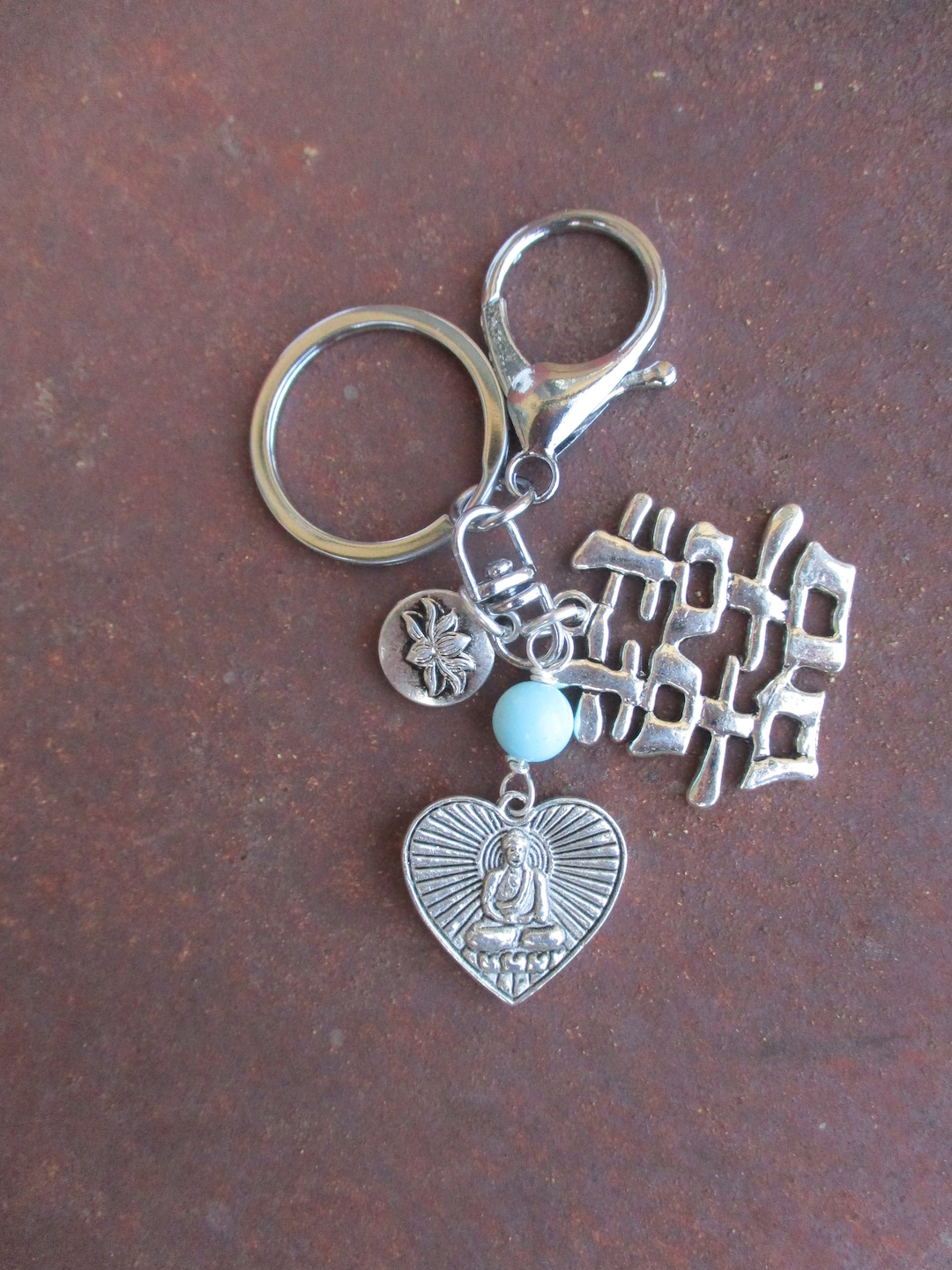 Double Happiness Charm Key Ring With Buddha Heart and Lotus Charm With ...