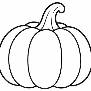 May include: A black and white line art illustration of a pumpkin. The drawing features a rounded, segmented pumpkin body with a prominent, curved stem at the top. The design uses bold, clean outlines against a plain white background.