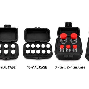 May include: Black cases with hinged lids, each holding vials. The cases are labeled: 4-VIAL CASE, 6-VIAL CASE, 10-VIAL CASE, 3-3ml, 2-10ml Case, and 20-Vial Case. The vials have white or blue and red caps.