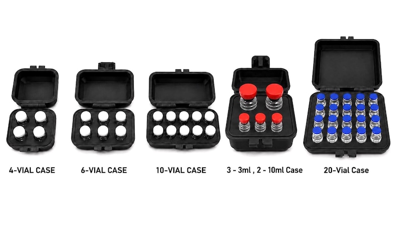 May include: Black cases with hinged lids, each holding vials. The cases are labeled: 4-VIAL CASE, 6-VIAL CASE, 10-VIAL CASE, 3-3ml, 2-10ml Case, and 20-Vial Case. The vials have white or blue and red caps.