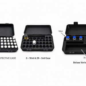 May include: Three black protective cases for vials. The first case holds 36 vials, the second holds 5-10ml and 29-3ml vials, and the third is a Deluxe Variant 1 case. The Deluxe case has a 35 mm width and holds 10ml vials.