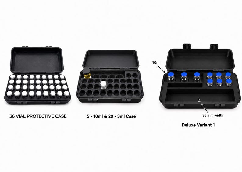 May include: Three black protective cases for vials. The first case holds 36 vials, the second holds 5-10ml and 29-3ml vials, and the third is a Deluxe Variant 1 case. The Deluxe case has a 35 mm width and holds 10ml vials.