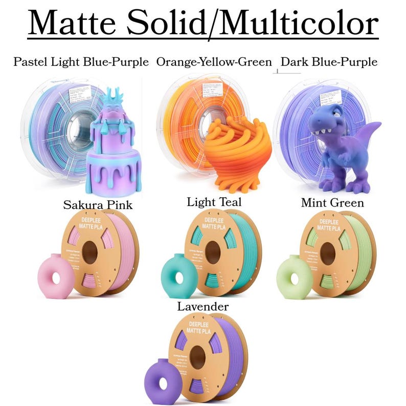 May include: A display of various 3D printing filaments in a range of colors, including pastel blue-purple, orange-yellow-green, and dark blue-purple. The image also shows 3D printed objects in matching colors, such as a cake and a dinosaur.