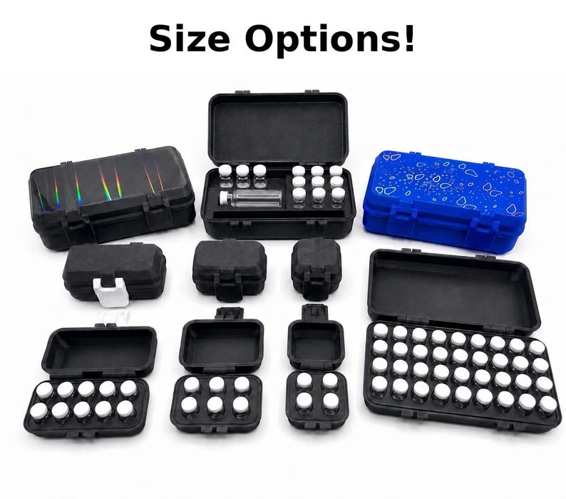 May include: An assortment of black, blue, and iridescent storage cases, some open to reveal small glass vials with white caps. The cases vary in size and shape, with the text "Size Options!" at the top.