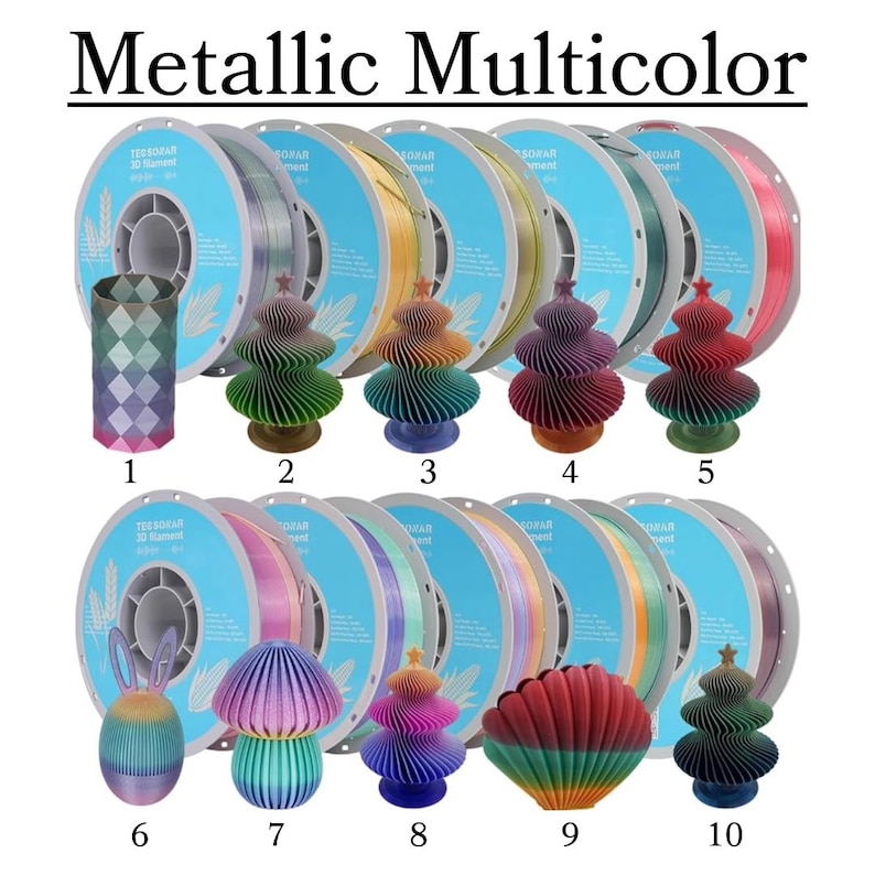 May include: Image featuring spools of 3D printer filament and colorful 3D-printed decorative objects. The text "Metallic Multicolor" is at the top. The objects include a geometric vase, Christmas trees, a mushroom, a bunny, and a seashell. The filament spools are in various colors.