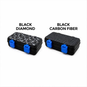 May include: Two black rectangular cases with blue clasps. One case has a diamond pattern, and the other has a carbon fiber texture. The text above the cases reads "BLACK DIAMOND" and "BLACK CARBON FIBER."