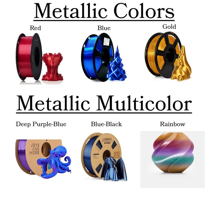 May include: Image showcasing various metallic 3D printing filaments and printed objects. Colors include red, blue, gold, deep purple-blue, blue-black, and rainbow. The image also displays the text "Metallic Colors" and "Metallic Multicolor".