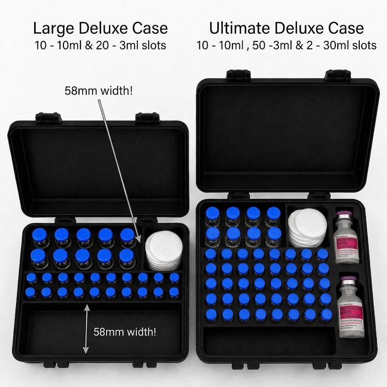 May include: Two open black cases with blue-capped vials and white pads. The left case is labeled "Large Deluxe Case" and the right case is labeled "Ultimate Deluxe Case". The width of the left case is 58mm.