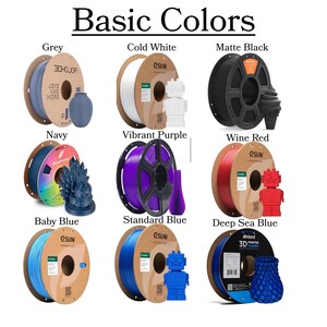 May include: Image showcasing various 3D printer filament colors, including grey, cold white, matte black, navy, vibrant purple, wine red, baby blue, standard blue, and deep sea blue. Each color is displayed on a spool with a 3D-printed object.