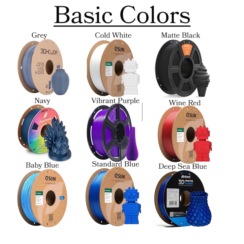 May include: Image showcasing various 3D printer filament colors, including grey, cold white, matte black, navy, vibrant purple, wine red, baby blue, standard blue, and deep sea blue. Each color is displayed on a spool with a 3D-printed object.