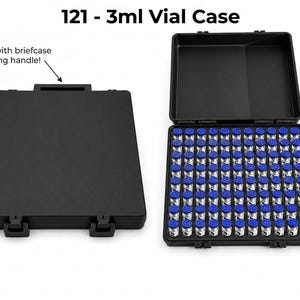 May include: Black 121-3ml vial case, open and closed. The open case reveals numerous small vials with blue tops. The closed case has a briefcase carrying handle. The text "121 - 3ml Vial Case" is at the top.