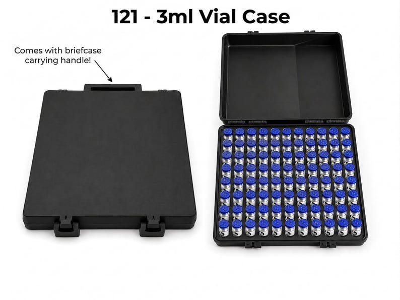 May include: Black 121-3ml vial case, open and closed. The open case reveals numerous small vials with blue tops. The closed case has a briefcase carrying handle. The text "121 - 3ml Vial Case" is at the top.