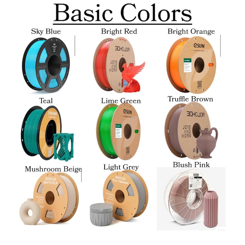 May include: Image showcasing spools of 3D printing filament in various colors: sky blue, bright red, bright orange, teal, lime green, truffle brown, mushroom beige, light grey, and blush pink. Each spool is labeled with its color and brand.