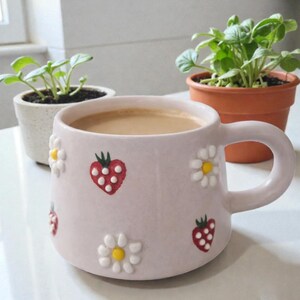 Ceramic Coffee Cup - Daisy Strawberry Mug, Handmade Tea Cup, 190ml