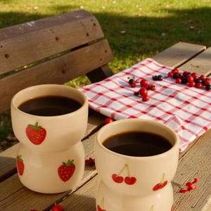 Ceramic Mug Set - Handmade Strawberry Cherry Design, Unique Coffee Cup