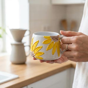 Sunflower Mug - Embossed Ceramic Cup, Coffee & Tea Gift