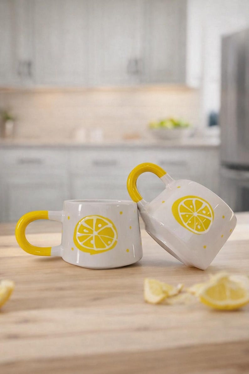 May include: A set of three ceramic mugs with a speckled, cream-colored glaze. Each mug features a different hand-painted floral design in shades of blue, green, and yellow. The mugs have a simple, modern shape.
