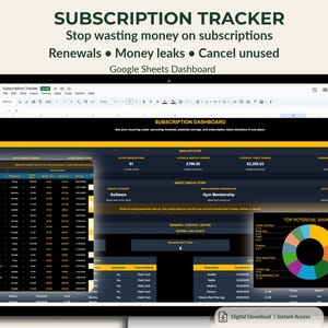 Subscription Tracker | Google Sheets Subscription Tracker Template | Monthly Bill Tracker Dashboard