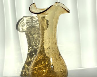 Vintage Bischoff / Indiana Hand Craft Amber Crackle Glass Vase 1950s 60s MCM Ruffled Art Glass