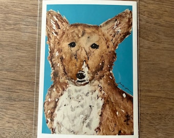 Hand-Drawn Corgi Watercolor Print, Blue Background Wall Art (5x7in)