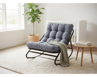 Papasan Chair Rocking Chair, Indoor Outdoor Papasan Lounge Chair with Cushion, Boho Round Rocker for Patio Porch Nursery, Comfy Cozy Reading