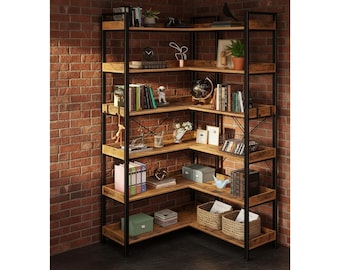 6 Tier Industrial Corner Shelf, Rustic Wood Bookshelf, L-Shaped Bookcase for Small Spaces