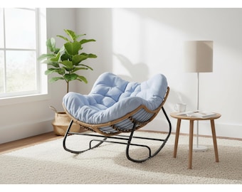 Papasan Chair Rocking Chair, Oversized Outdoor Patio Papasan Rocker, Wicker Egg Chair, Boho Lounge Chair, Indoor Outdoor Reading Chair