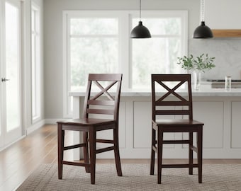 Set of 2 Rubberwood Counter Height Bar Stools, Modern Rustic Dining Chairs