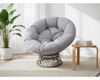 Papasan Chair with Cushion and Frame, 360 Swivel Round Lounge Chair, Indoor Outdoor Waterproof Boho Chair, Cozy Reading Chair for Living