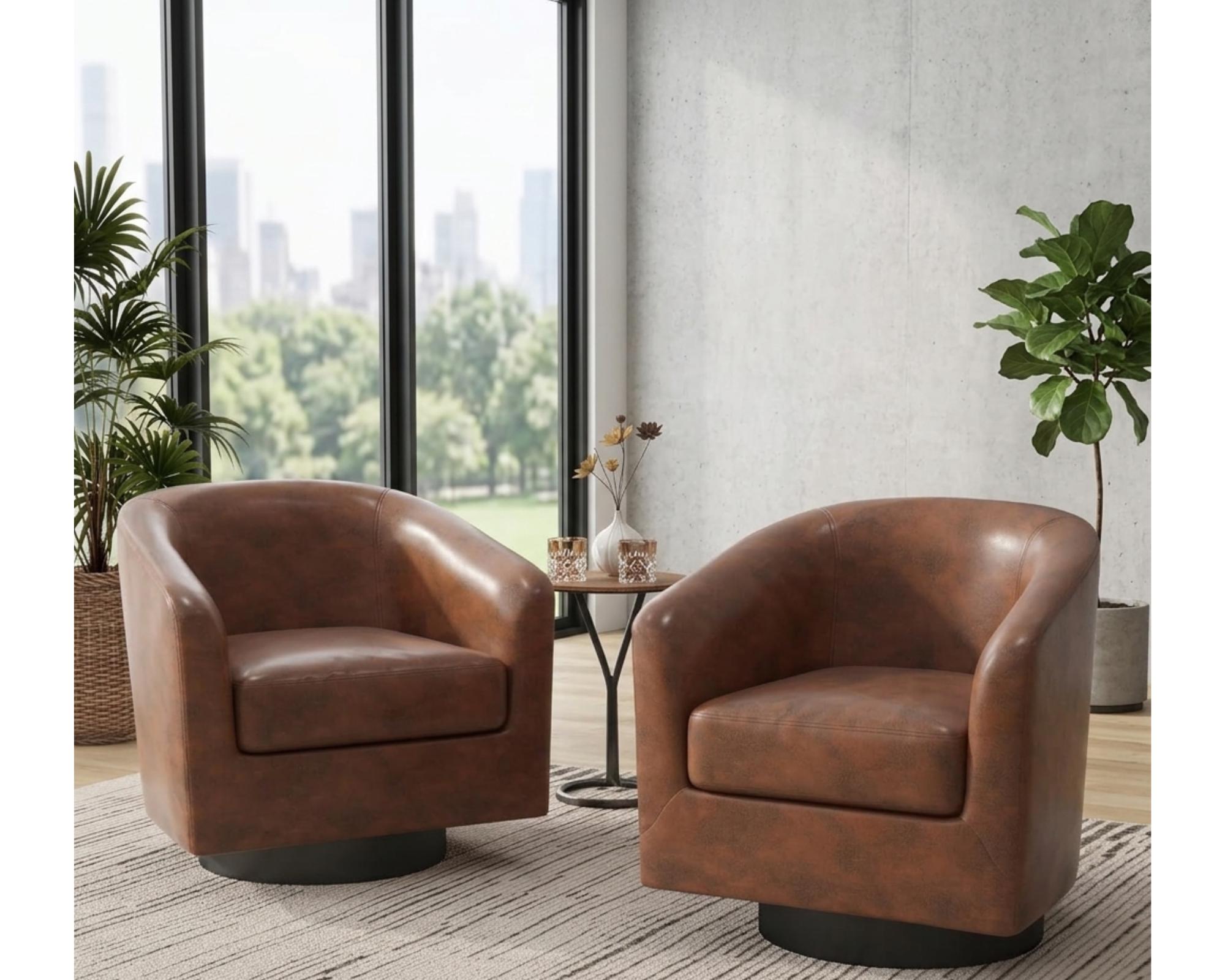 Set of 2 Faux Leather Swivel Barrel Accent Chairs, Modern Club Lounge ...
