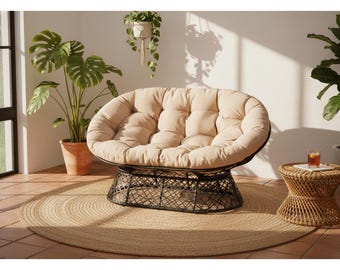 Papasan Chair Double, 600lbs Capacity Wicker Papasan Sofa with Thick Cushion, Boho Lounge Chair Indoor Outdoor, Cozy Reading Circle Chair