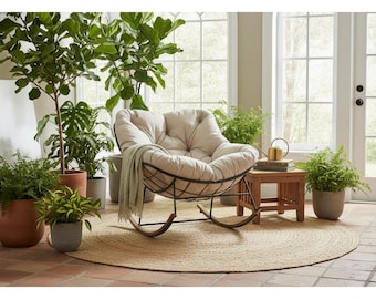 Papasan Chair Outdoor Rocking Chair with Cushion, 400 lbs Heavy Duty Patio Chair, Boho Round Lounge Chair for Porch Garden Bedroom