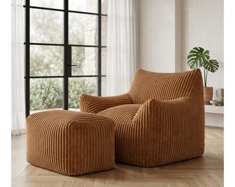 Oversized Bean Bag Chair with Ottoman, Plush Floor Sofa, Armrests, Reading Gaming Lounger