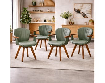 Mid Century Modern Swivel Accent Chair, Green Faux Leather, Bamboo Legs