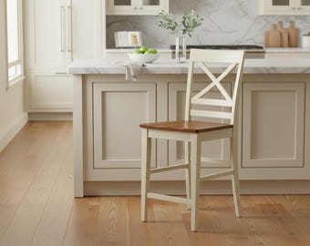 Set of 2 Wooden Bar Stools, Counter Height, X-Back Farmhouse Design